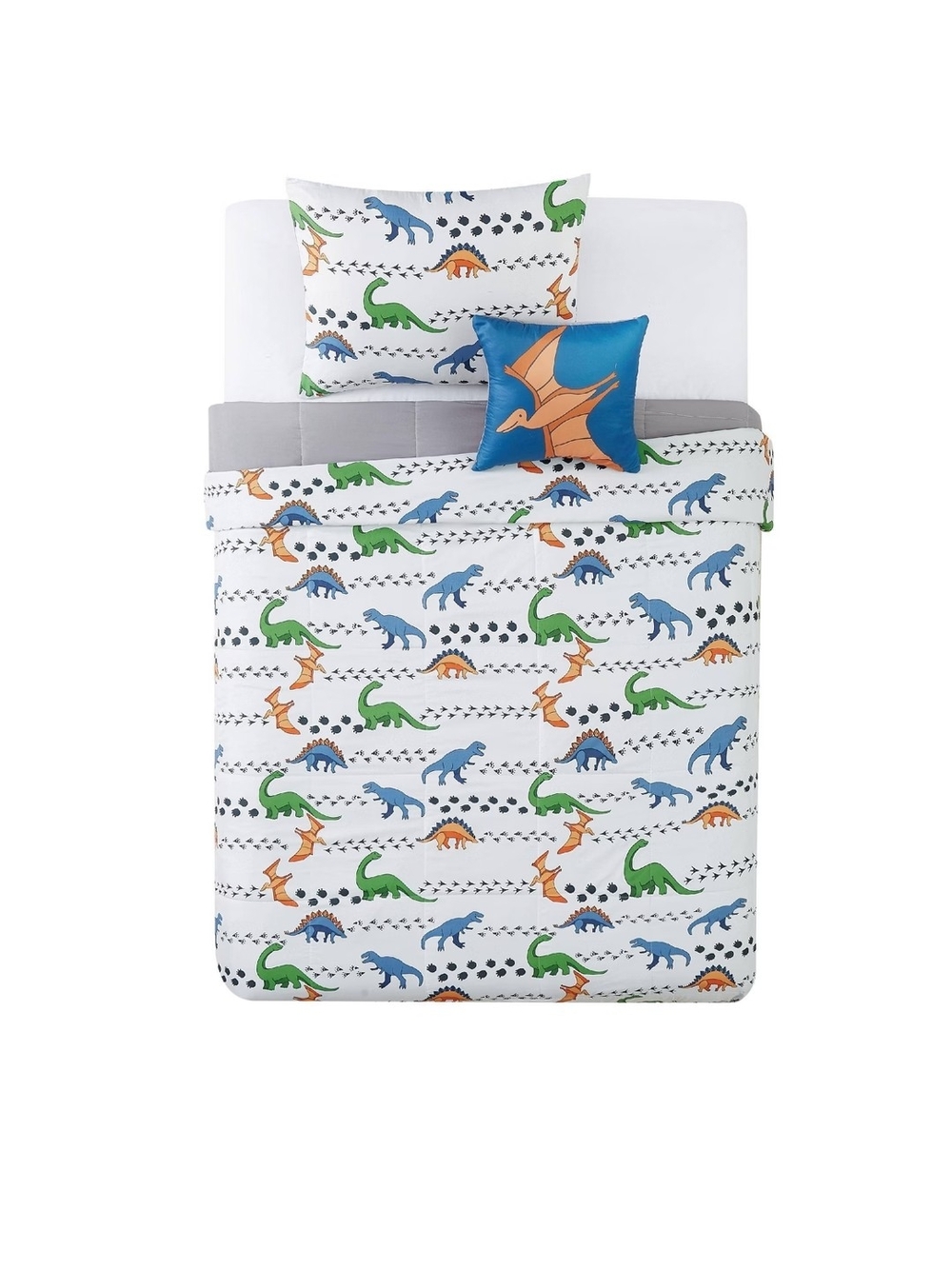 Kids Dinosaur Full Size Quilt With Shams and Pillow Blue, Green, Orange.